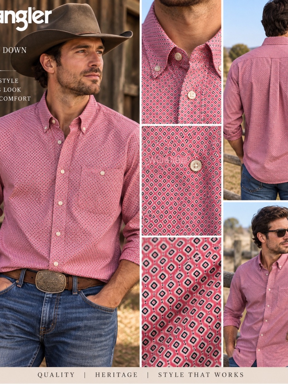 Men’s Medium Wrangler 100% Cotton Pink Geometric Button Down Shirt #1214CL